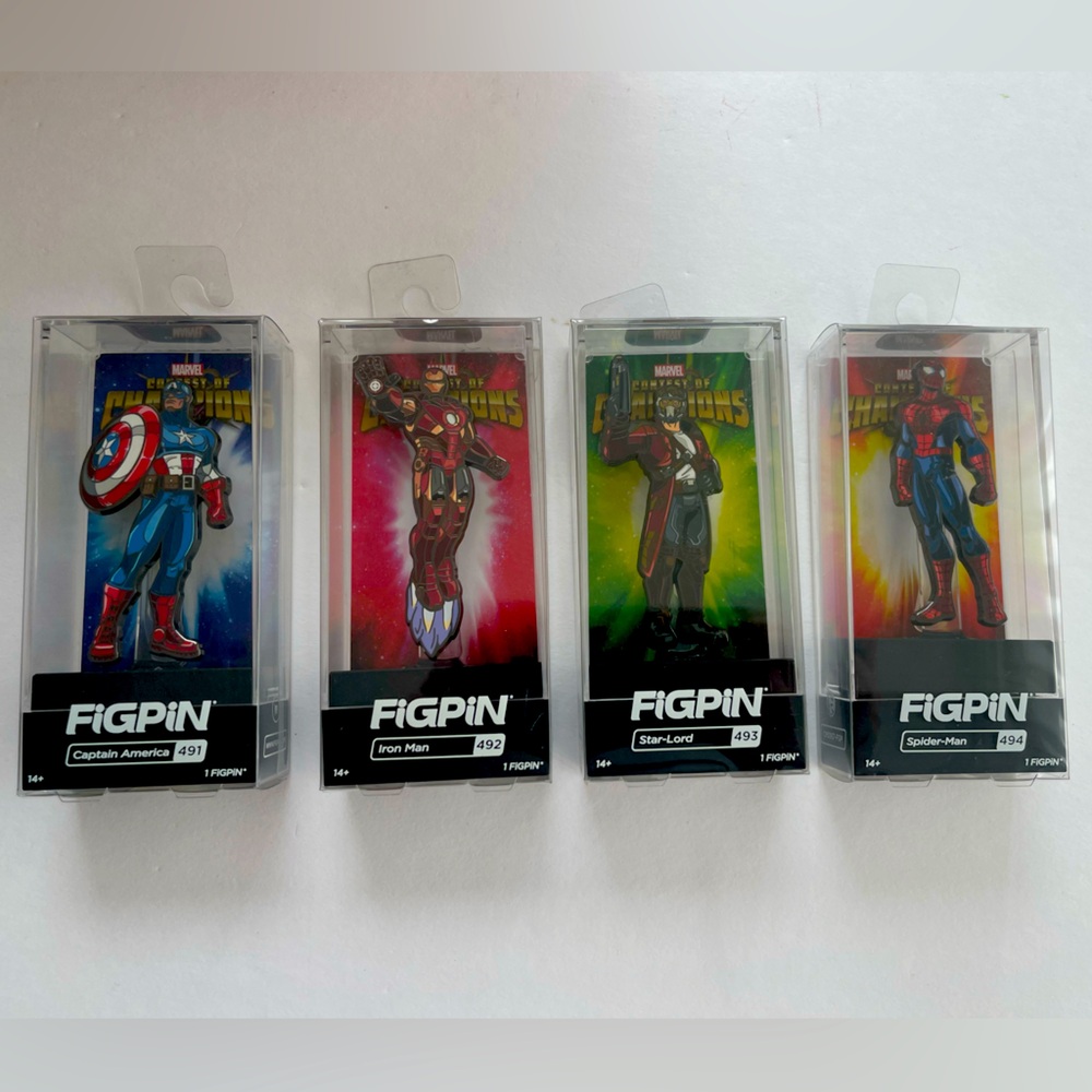 Lot of 4 marvel Figpin pins Spiderman, Captain America, Starlord & Iron Man. NIP
